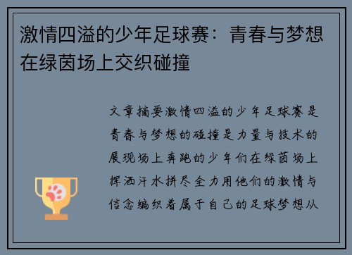 激情四溢的少年足球赛：青春与梦想在绿茵场上交织碰撞